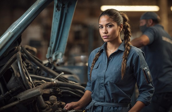 A concentrated female mechanic with braided hair works on a car engine in a garage, blurry selective focus background, bokeh, AI generated