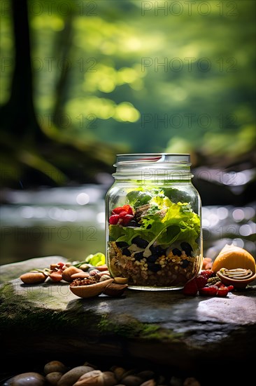 Mason jar salad featuring layers of quinoa mixed greens nuts and dried fruits, AI generated