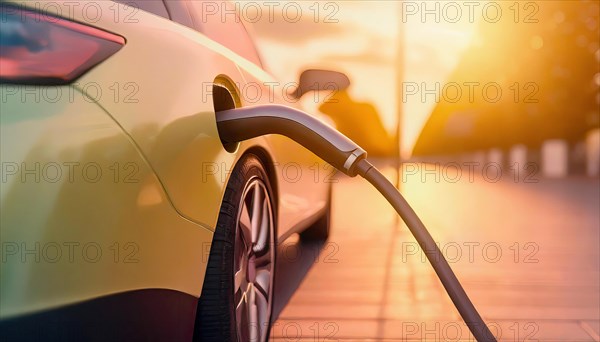 Electric car charging battery at the station. Beautiful golden sunset light. AI generated art