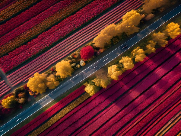 Tulip fields unfurl below in a mesmerizing grid swathes of red yellow pink and purple blooms, AI generated