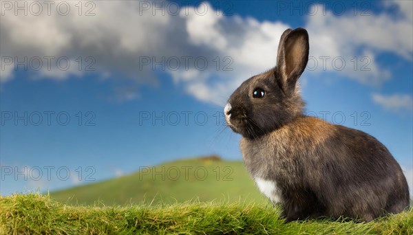 KI generated, A colourful dwarf rabbit in a meadow in summer, side view, (Brachylagus idahoensis)