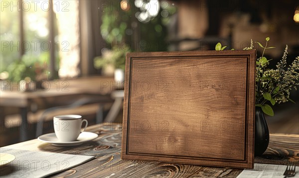 An empty menu frame on a cafe table alongside a coffee cup in morning light AI generated