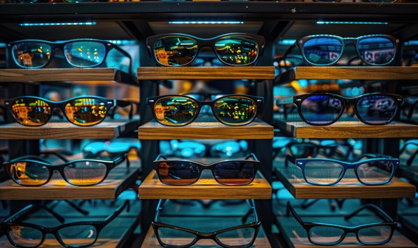 A display shelf featuring assorted modern eyeglasses in vibrant colors AI generated