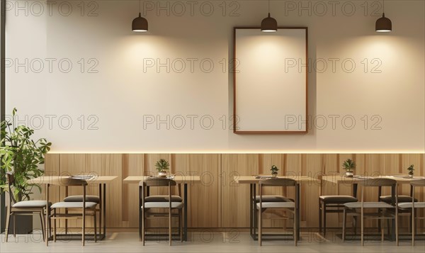 Cozy cafe with warm lighting, pendant lights, wooden furniture, and framed artwork on the wall AI generated