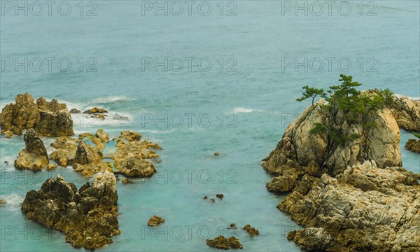 Rocky coastal landscape with sea, greenery, and a cloudy sky, in South Korea