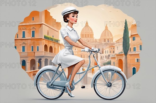 Retro-styled illustration of a woman cycling in front of iconic Rome architecture, 1960's dolce vita mood, AI generated
