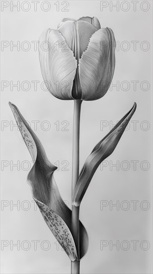 Grayscale botanical art of an elegant tulip in bloom, ai generated, AI generated