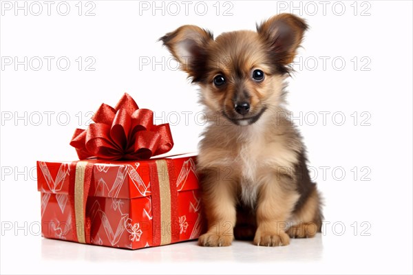 Small dog puppy next to red Christmas gift box on white background. KI generiert, generiert AI generated