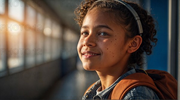 A smiling young hispanic girl with headphones enjoys a sunny moment, exuding warmth and confidence, wide horizontal aspect ratio, blurred sunny background with bokeh effect, AI generated