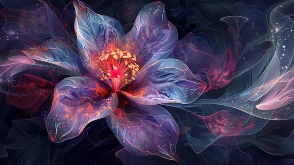 Ethereal blue and purple glowing abstract flower created with digital fractal art, ai generated, AI generated