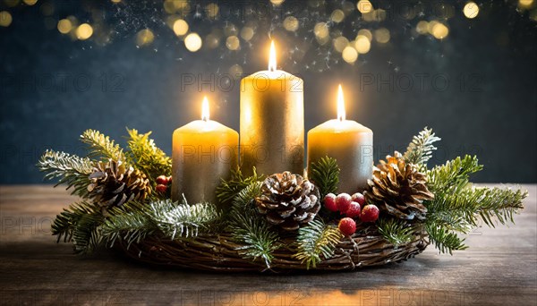 Ai generated, Advent wreath with burning candles, Christmas time, Christmas decoration, 3rd Advent, Third Advent