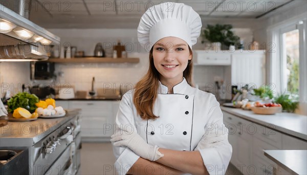 AI generated, An attractive blonde chef in the kitchen of a hotel