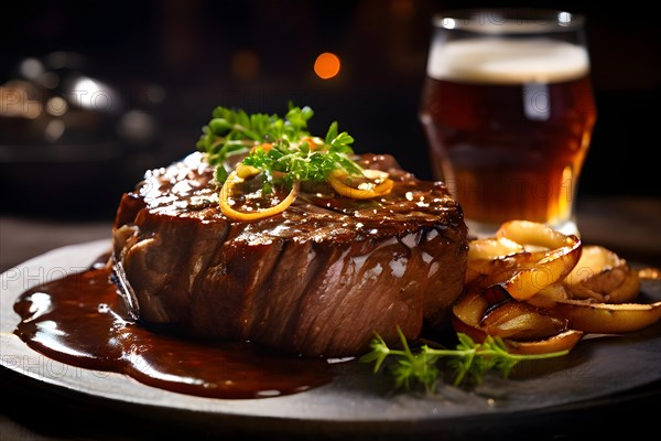 Juicy beef steak with golden brown fried onions on a glistening dark beer sauce, AI produced, AI generated