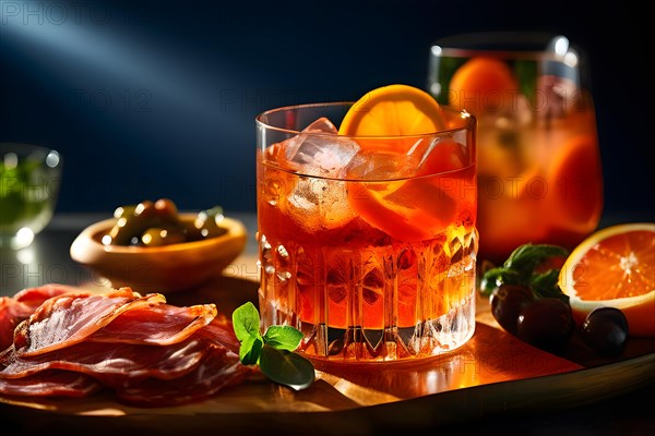 Aperol spritz condensation on glass vibrant orange hue platter of antipasti arrayed, AI generated