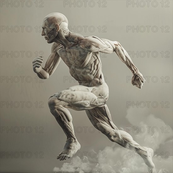 Greyscale image of an anatomical model in running activity with shadow effect, AI generated, AI generated, AI generated