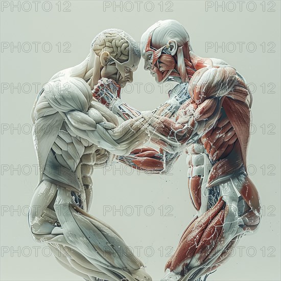 Two digital figures show a comparison of forces with emphasised muscle anatomy, AI generated, AI generated, AI generated