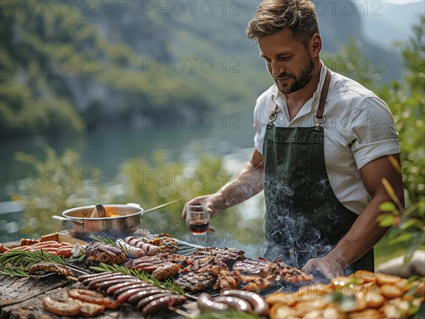 Barbecue party, guests with glasses in their hands stand around a chef who is grilling sausages and steaks, AI generated