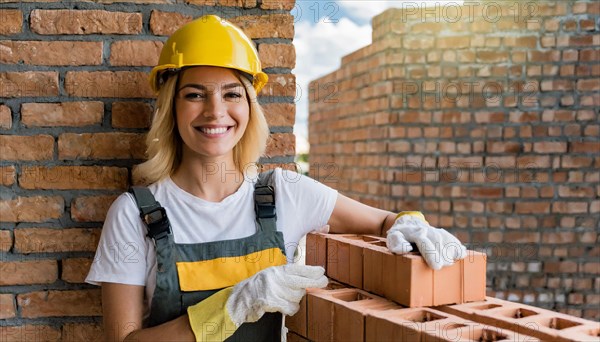 AI generated, A female bricklayer inspects a brick wall, 30, 35, years