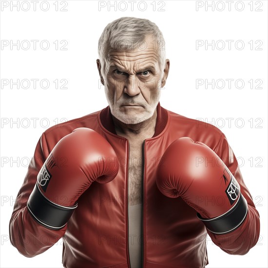 An older man with boxing gloves looks confidently and resolutely into the camera, symbolic image for self-defence at an advanced age, AI generated, AI generated, AI generated