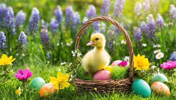 Ai generated, An Easter basket with coloured eggs in a meadow with colourful flowers, in the basket a gosling, symbolic image Easter, animal children