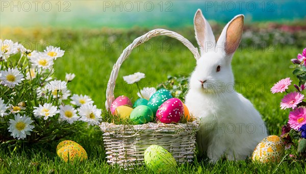 Ai generated, An Easter basket with coloured eggs in a meadow with colourful flowers, in the basket a white rabbit, symbolic picture Easter, animal children, dwarf rabbit