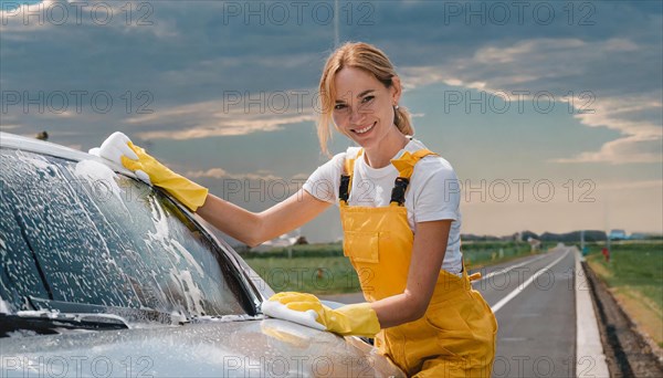 AI generated, A blonde woman washes a car by hand, silver sports car