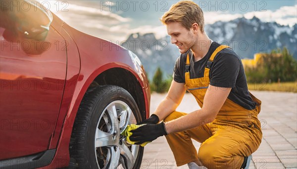 AI generated, A mechanic changes the tyres on a customer's car, tyre fitting, red car
