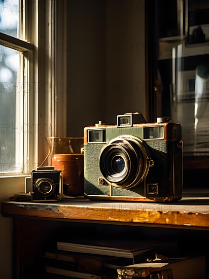 Classic vintage camera exhibiting peeling paint and textured rust, AI generated