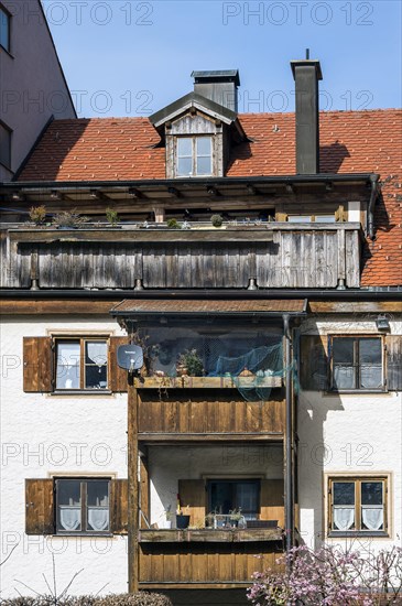 Old house, facade with wooden balconies, Kempten, Allgaeu, Bavaria, Germany, Europe
