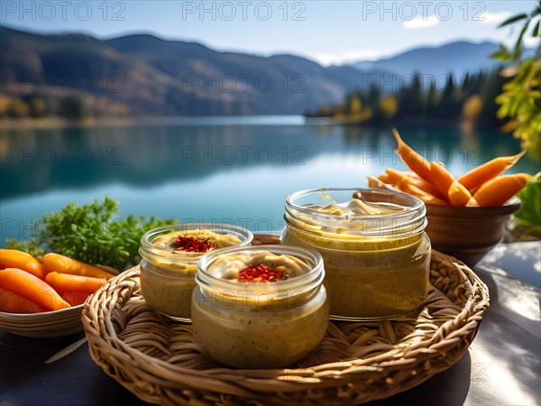 Homemade hummus in glass jars carrot sticks arranged inside a woven basket, AI generated