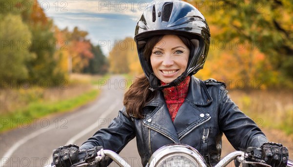 AI generated, An attractive woman rides her motorbike through an autumn landscape