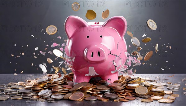 AI generated, A pink piggy bank full of coins breaks apart