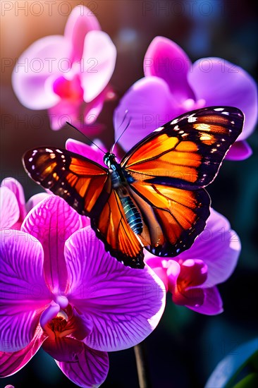 Butterfly alighting on a vivid orchid epitome, AI generated