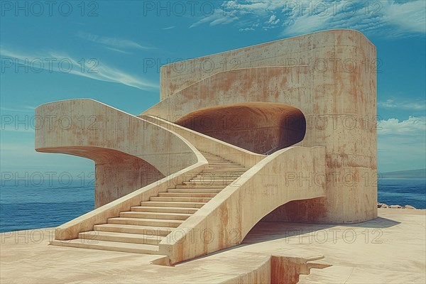 Modern concrete architectural structure by the sea under a clear blue sky, AI generated