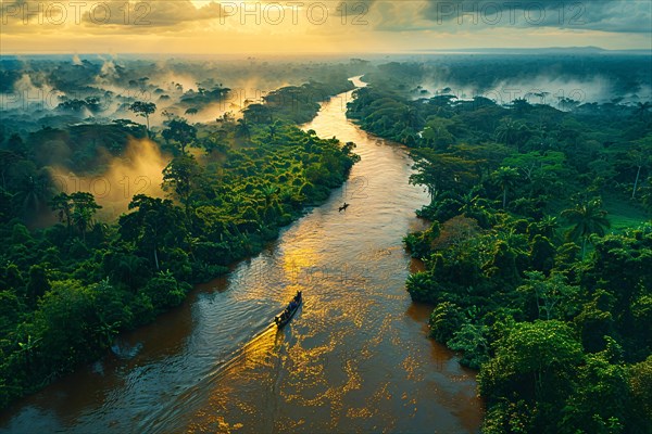 Aerial view of a winding river through a jungle at sunrise with rising fog, AI generated