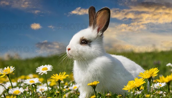 KI generated, A white dwarf rabbit in a meadow with white and yellow flowers, spring, side view, (Brachylagus idahoensis)