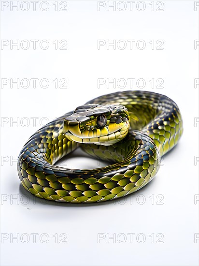 Grass snake muscles visibly tensed isolated white background, AI generated
