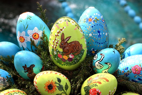 Detail of an Easter fountain in Franconian Switzerland, Bamberg district, Upper Franconia, Germany, many colourful blown-out and dyed eggs as decoration, Easter custom, Europe