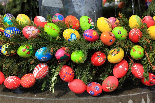 Detail of an Easter fountain in Franconian Switzerland, Bamberg district, Upper Franconia, Germany, many colourful blown-out and dyed eggs as decoration, Easter custom, Europe