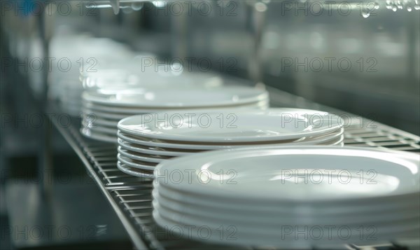 Rows of clean white dishes on metal racks in an industrial or restaurant setting AI generated