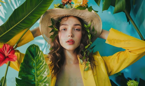 Youthful woman in yellow jacket, framed by tropical foliage AI generated