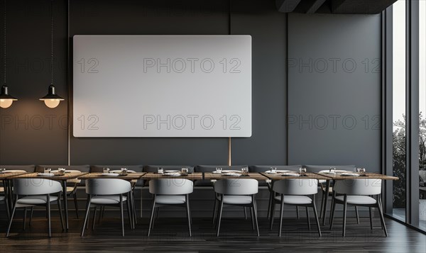 Sophisticated modern dining space with a blank whiteboard and pendant lamps AI generated