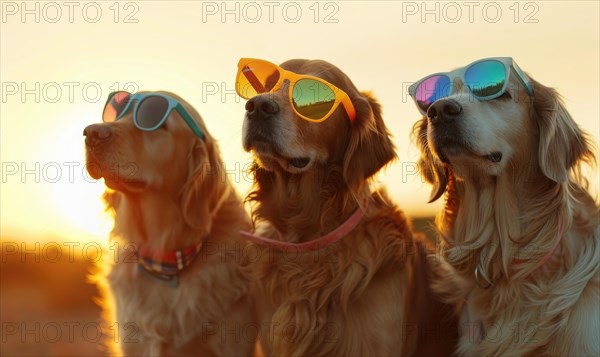 Three golden retrievers wearing sunglasses during sunset portraying a serene mood AI generated
