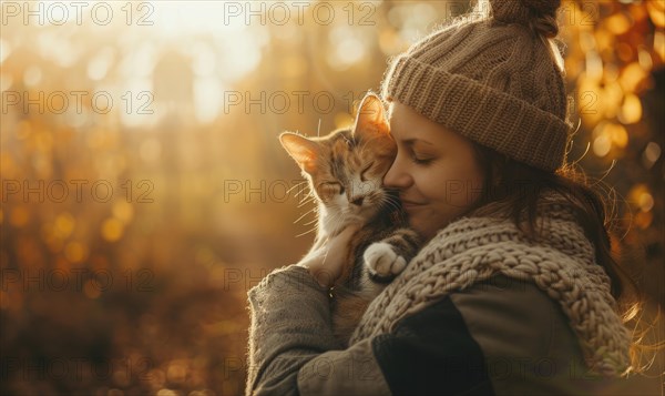 Bonding scene of a young woman with her cat in the warm glow of an autumn sunset AI generated
