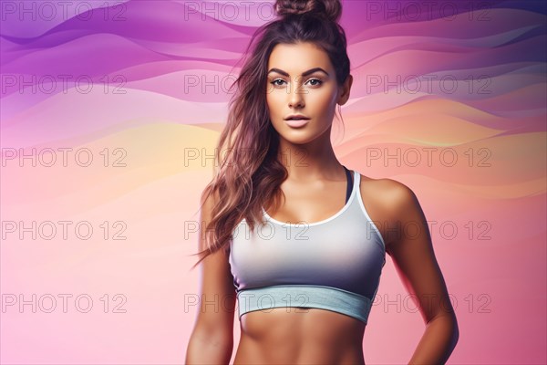 Young woman in sport clothing in front of pastel colored studio background. KI generiert, generiert AI generated
