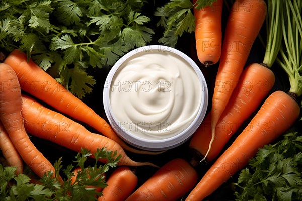 Top view of pot of facial cream surrounded by carrots. KI generiert, generiert AI generated
