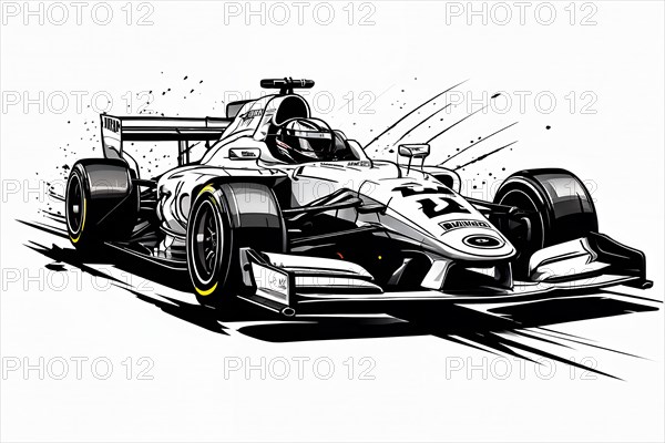 Formula race car, black and white line art, AI generated