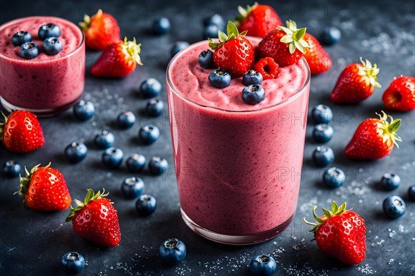 Rich berry smoothie boasting layers of blueberries strawberries raspberries crowned with chiasee, AI generated