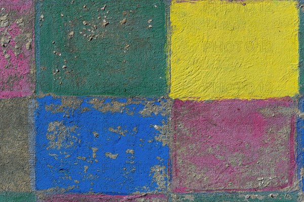 Tiles in the primary colours as texture, red, yellow, blue, green, background, colourful, colour, colour wheel, colour theory, Bauhaus, architecture, floor, withered, dilapidated, patina, surface, colour combination, colour mixture, colour harmony, peeled off