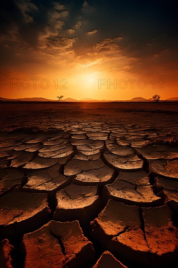 Barren field featuring cracked earth under a merciless scorching sun, AI generated